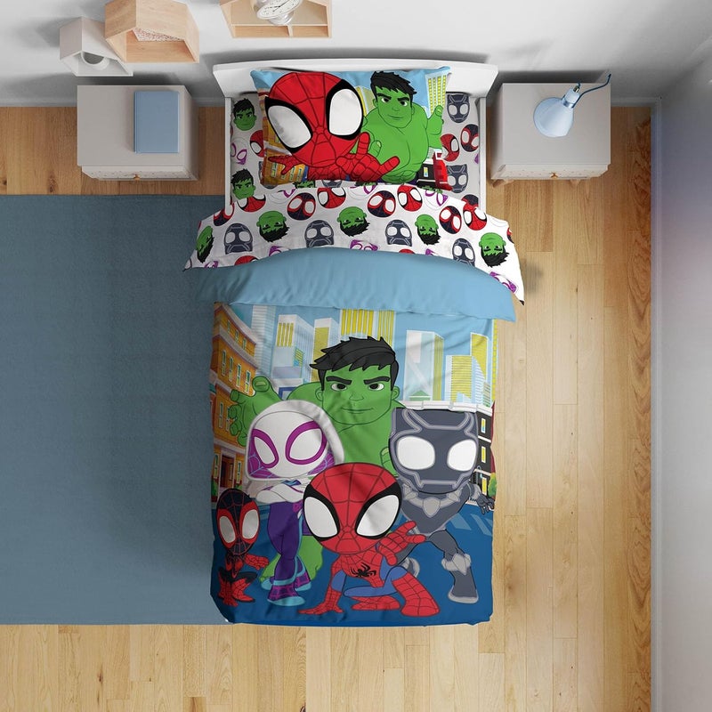 Sunny Side Up Marvel Spidey & His Amazing Friends Toddler Comforter Set - 4 Piece Preschool Bedding Includes Comforter, Sheets & Pillow Cover – Super Soft Superheroes Microfiber Bed Set - Image 1